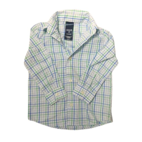 IZOD boys 3T white blue green grid plaid print formal button down shirt NWOT - Picture 1 of 3